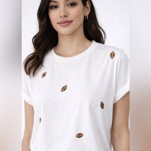 On 12th White Football Print T-Shirt Gold Sequin Football Embellished Tee Small